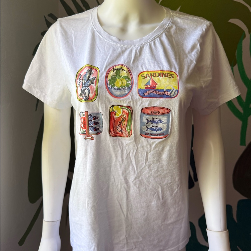 J. Crew Collector Tee White Graphic Tee with Colorful Sardine Can Prints - Picture 5 of 7